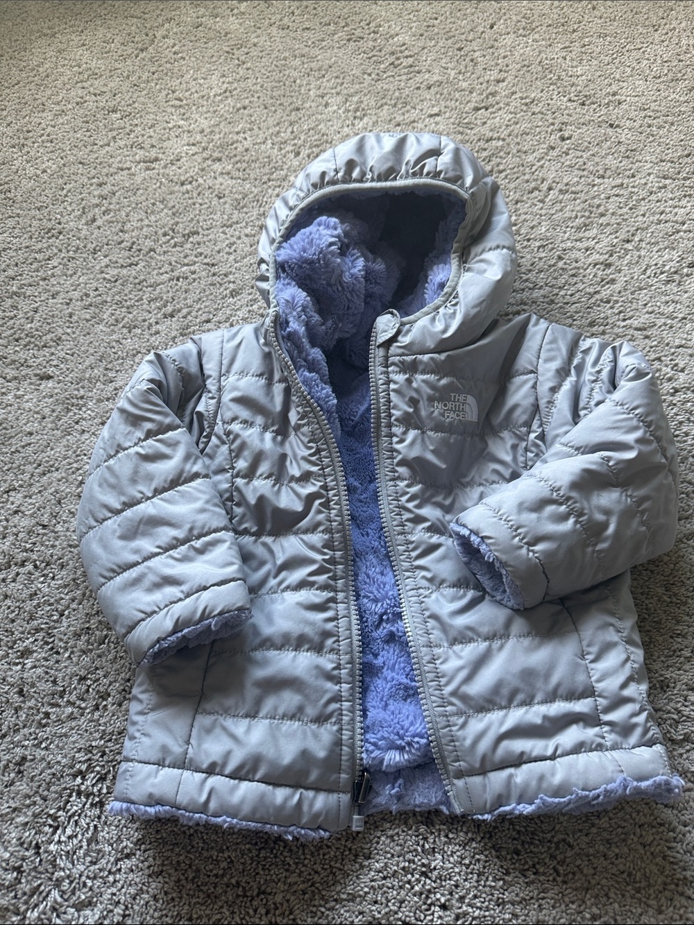 The North Face Light Gray Reversible Puffer Jacket with Lavender Plush Lining